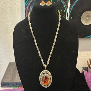 Whiting & Davis Gold Necklace with Amber toned Pendant & match Clip on Earrings